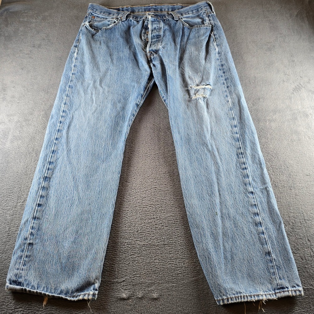Levis 501 Original Fit Jeans Mens 38x30 Light Wash Blue Button Fly Distressed